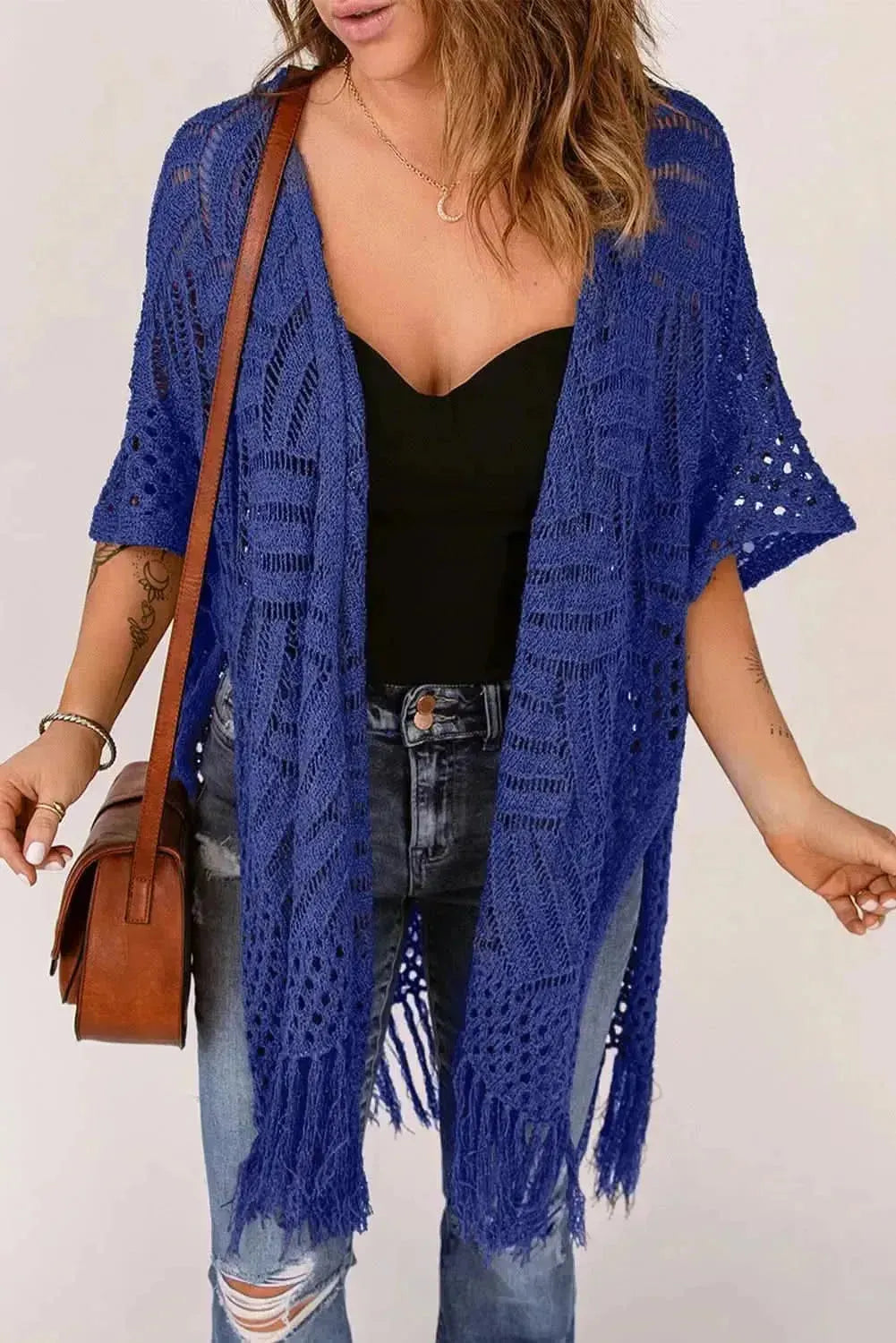 Openwork Open Front Cardigan with Fringes - Bad Moms Club
