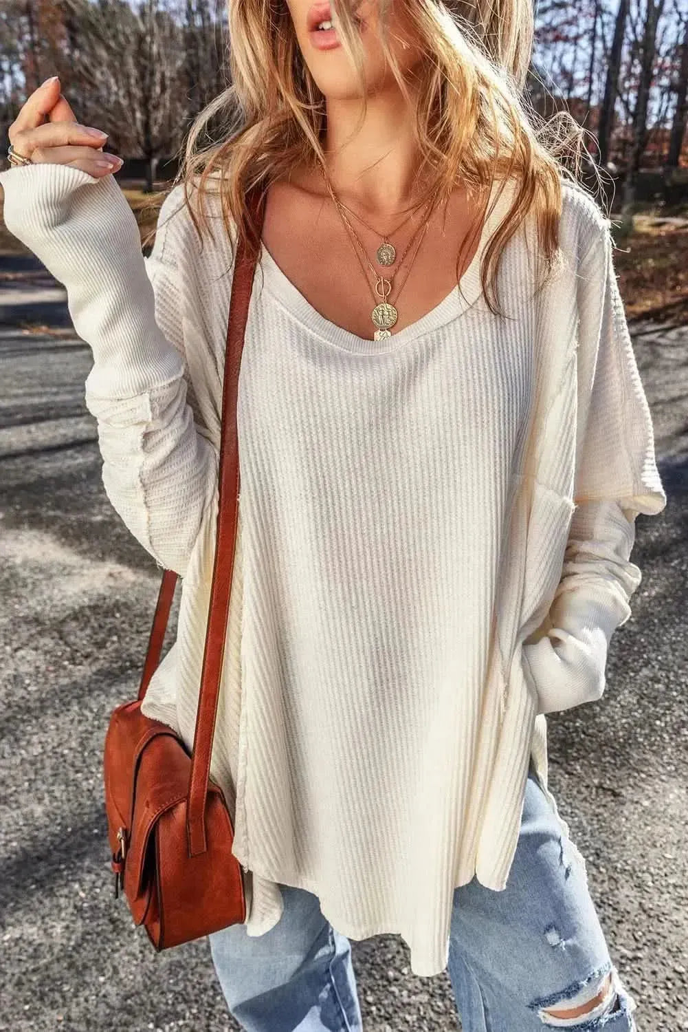 Exposed Seam Round Neck Long Sleeve Blouse - Bad Moms Club