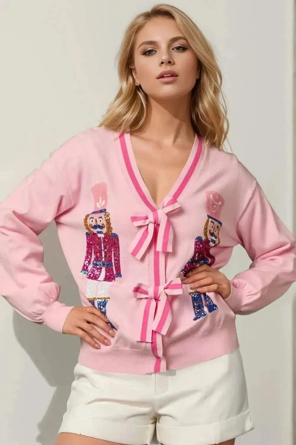 Double Take Full Size Nutcracker Sequin Bow Decor Cardigan - Bad Moms Club
