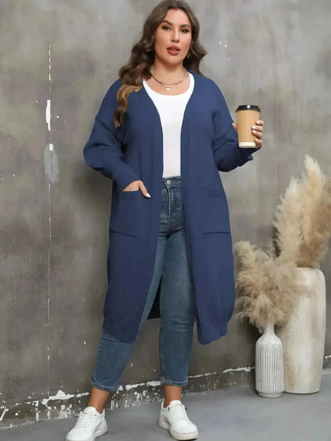 Plus Size Long Sleeve Pocketed Cardigan - Bad Moms Club