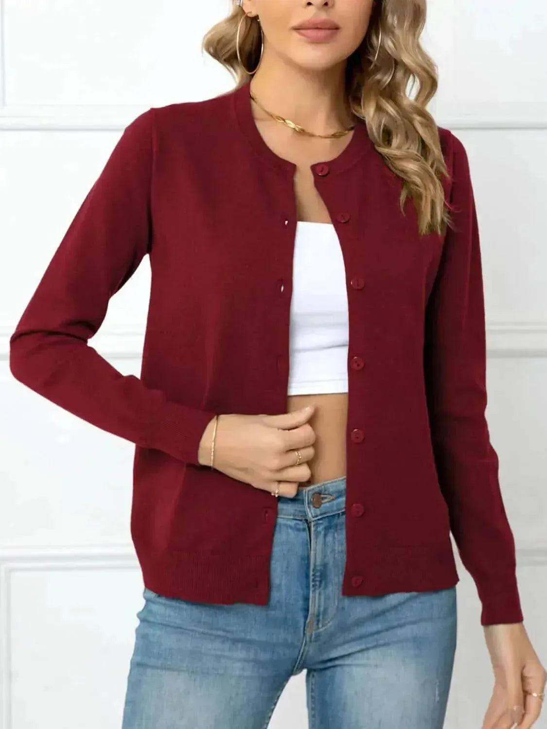 Button Down Round Neck Cardigan - Bad Moms Club