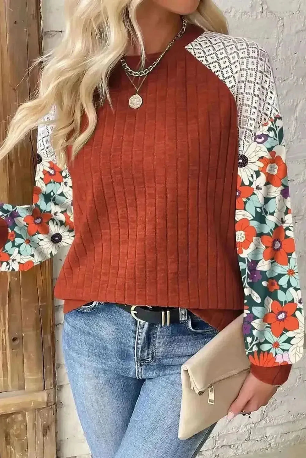 Printed Round Neck Long Sleeve Top - Bad Moms Club