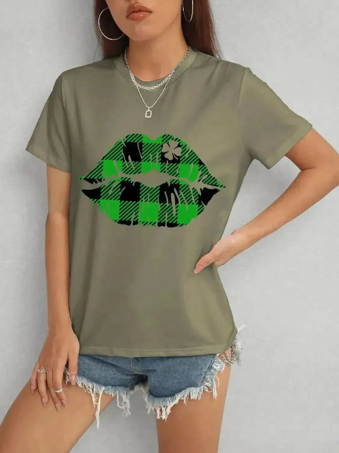 Plaid Lip Graphic Round Neck T-Shirt - Bad Moms Club