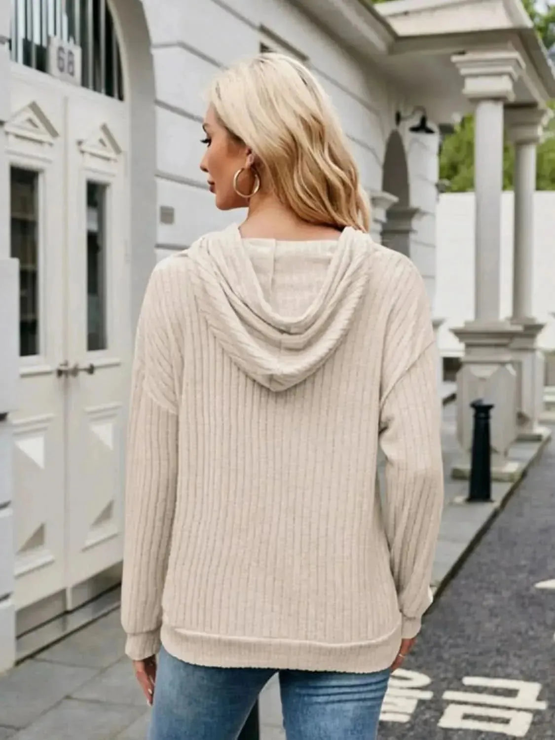 Ribbed Drawstring Long Sleeve Hoodie - Bad Moms Club