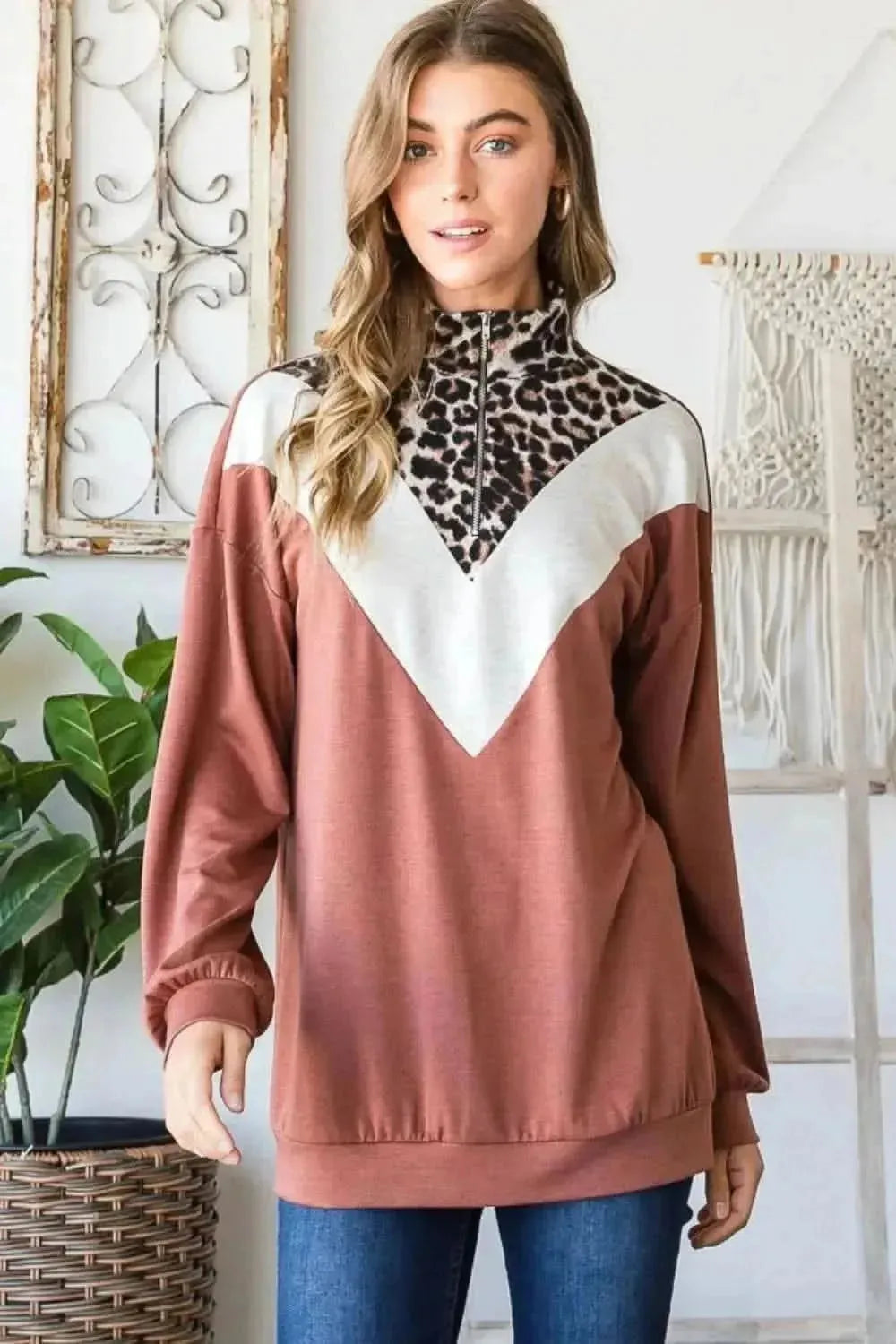 Heimish Full Size Leopard Quarter Zip Mock Neck Sweatshirt - Bad Moms Club