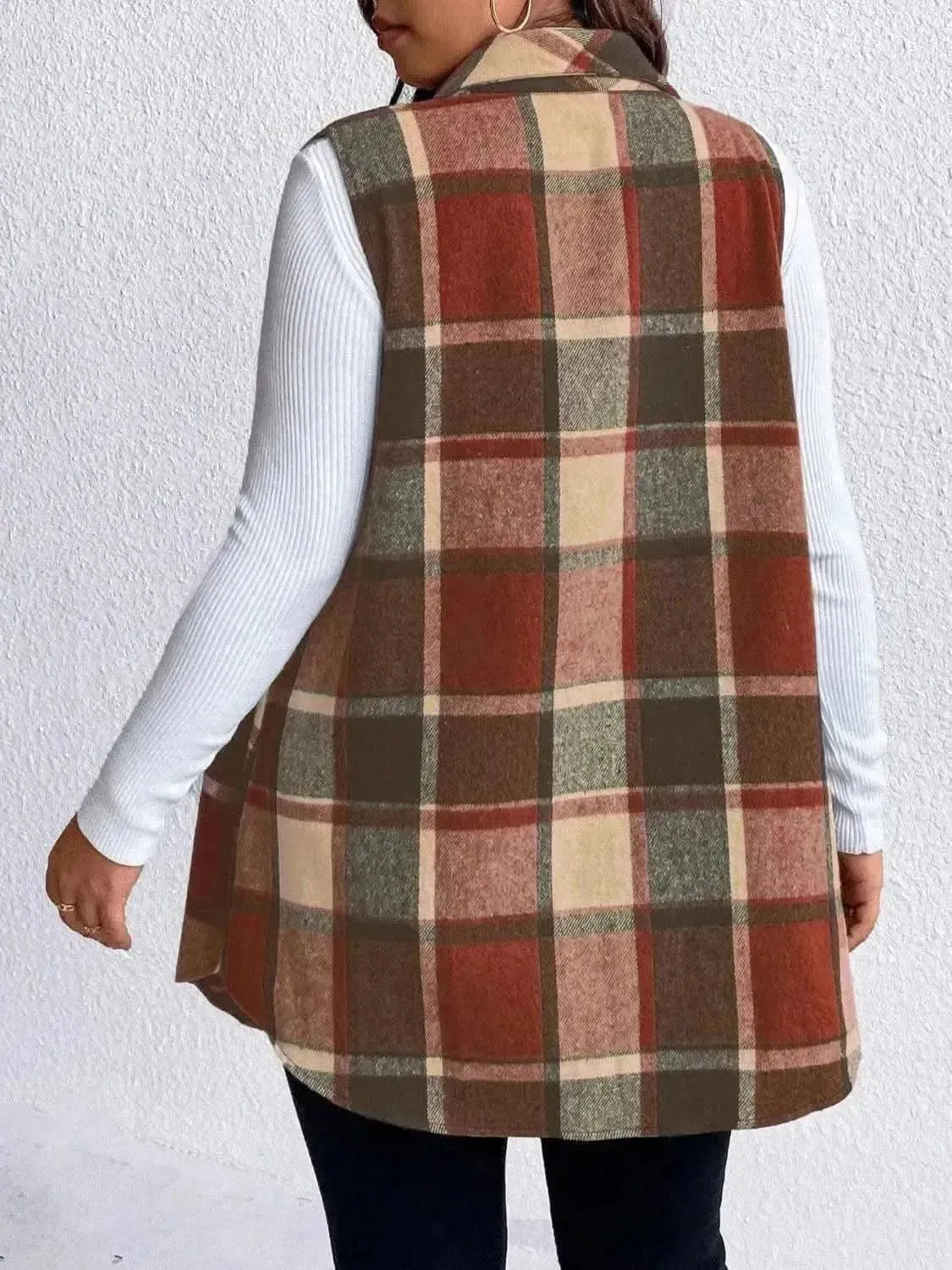 Honey Plus Size Pocketed Plaid Button Up Vest Coat - Bad Moms Club