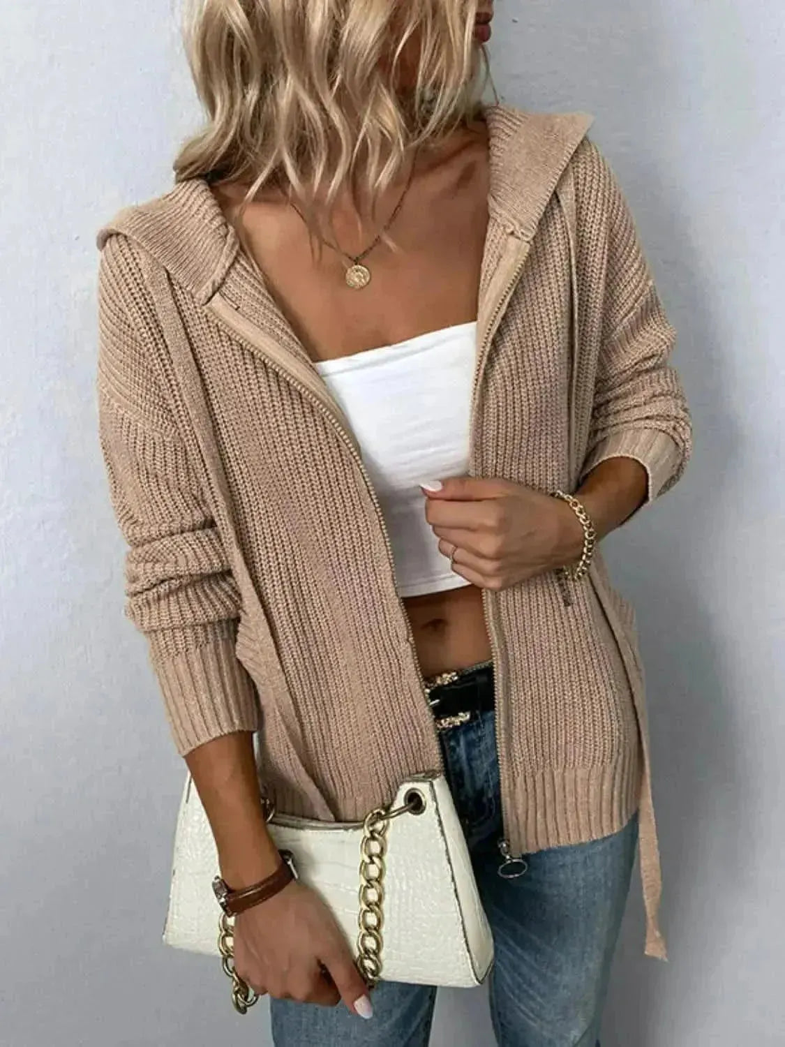 Zip-Up Drawstring Detail Hooded Cardigan - Bad Moms Club