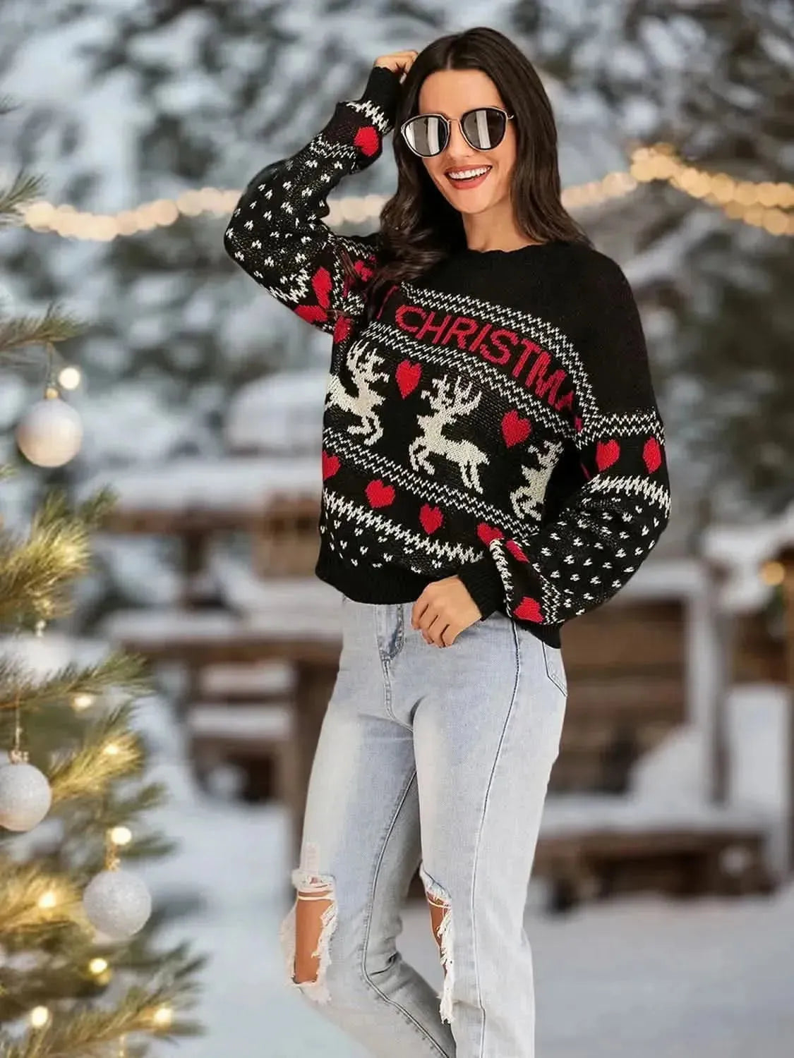 Perfee Christmas Element Round Neck Sweater - Bad Moms Club