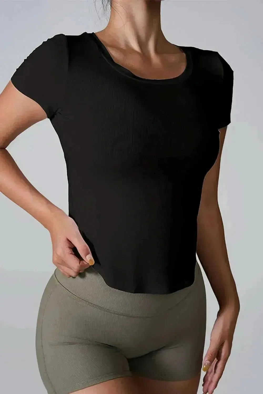 Cutout Round Neck Short Sleeve Active T-Shirt - Bad Moms Club