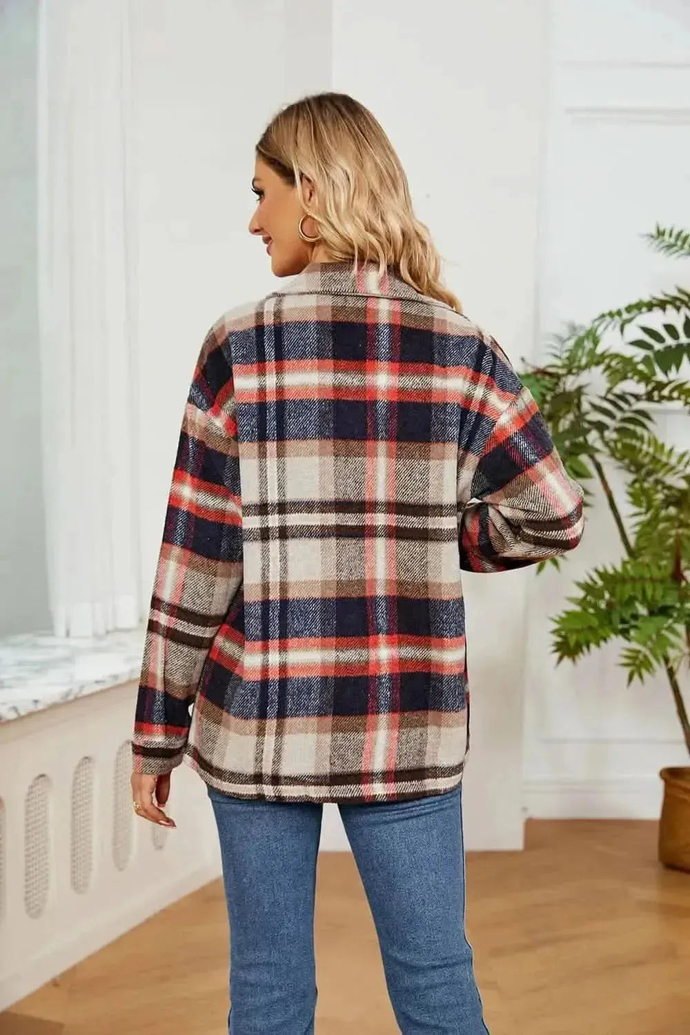 Button Down Collared Plaid Shacket - Bad Moms Club