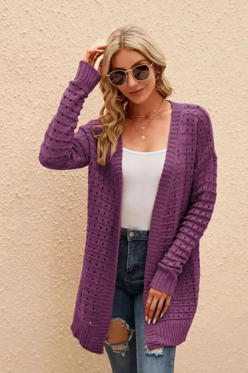Openwork Horizontal Ribbing Open Front Cardigan - Bad Moms Club
