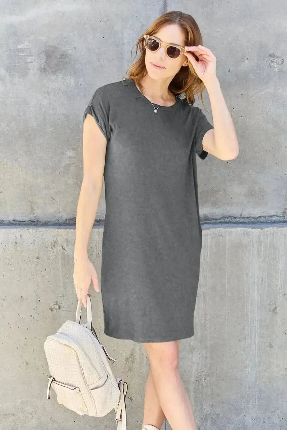 Basic Bae Full Size Round Neck Short Sleeve Dress with Pockets - Bad Moms Club