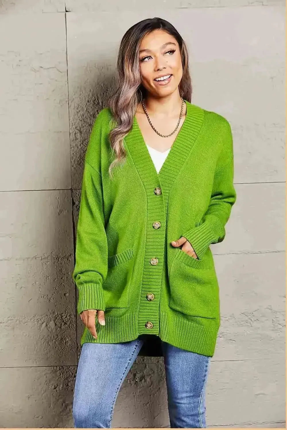 Ribbed Trim Dropped Shoulder Pocketed Cardigan - Bad Moms Club