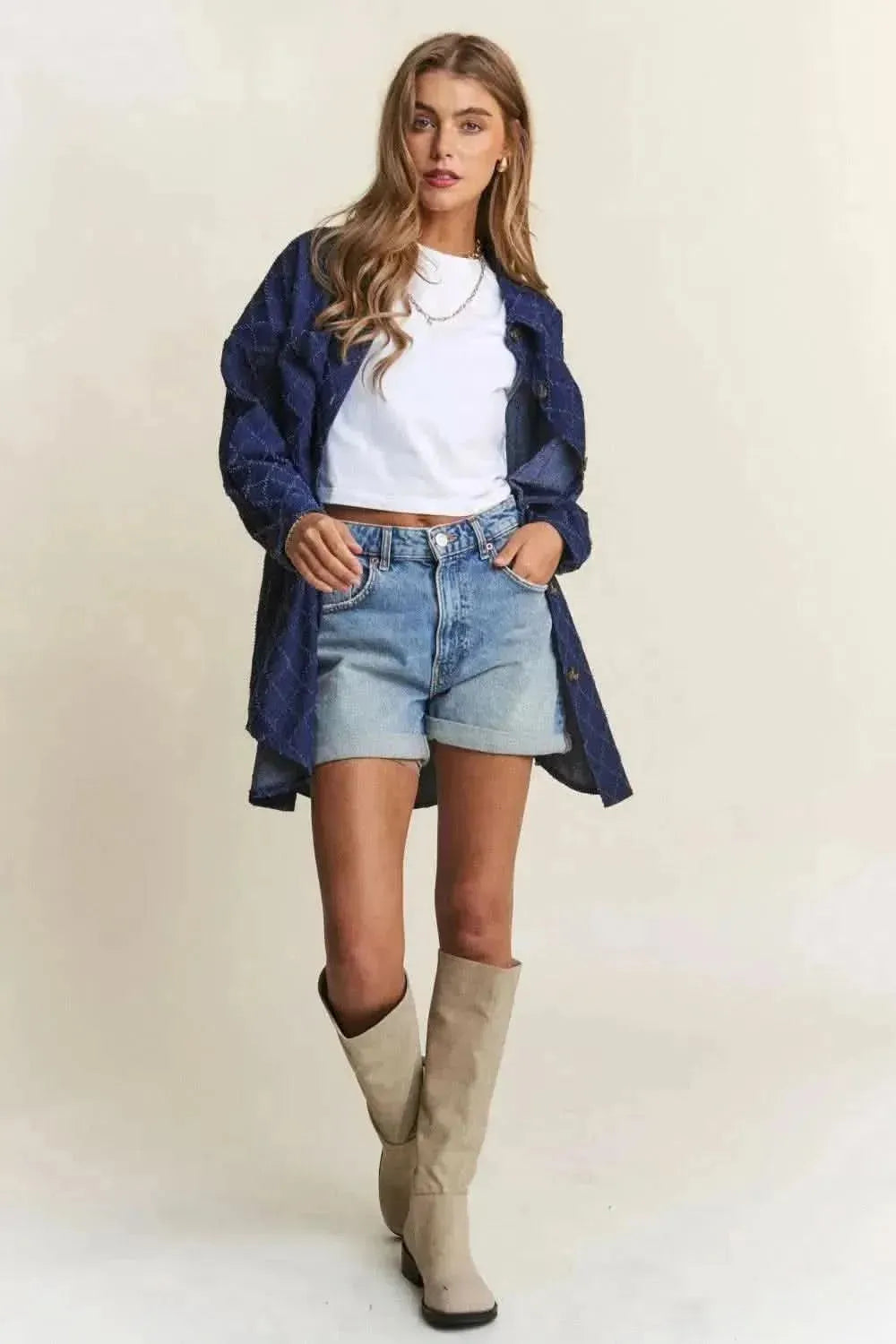 J.NNA Rhombus Stitched Button Up Denim Shacket - Bad Moms Club