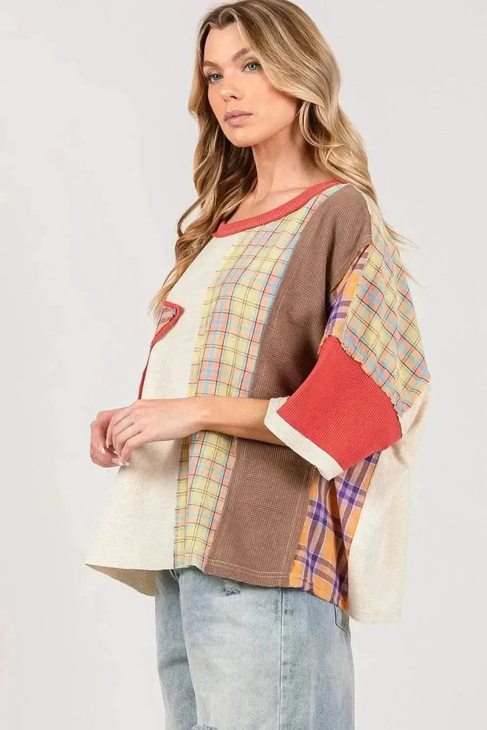 SAGE + FIG Round Neck Plaid Star Patch T-Shirt - Bad Moms Club