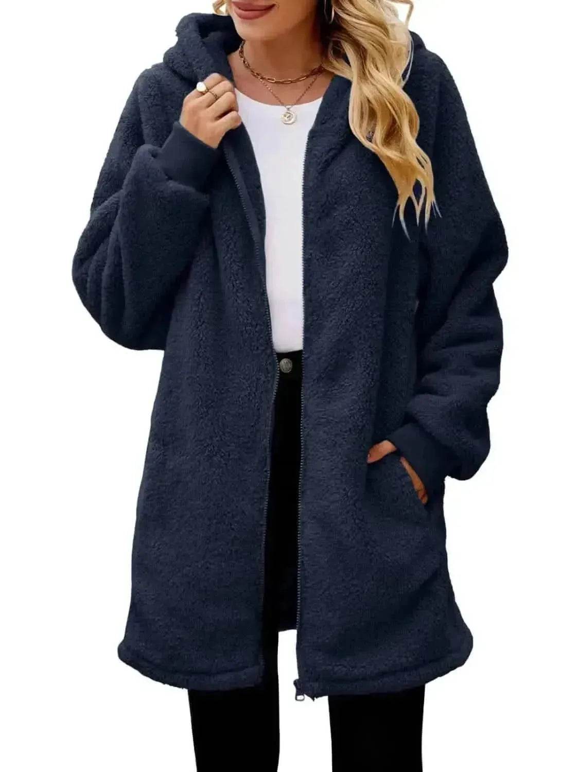 Fuzzy Pocketed Zip Up Long Sleeve Hooded Jacket - Bad Moms Club