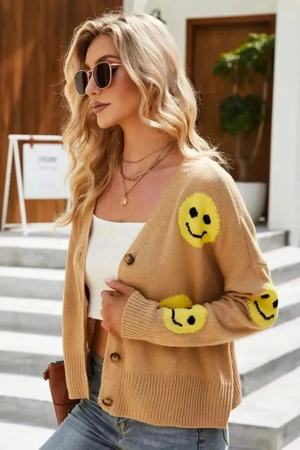Smiley Face Ribbed Trim V-Neck Cardigan - Bad Moms Club