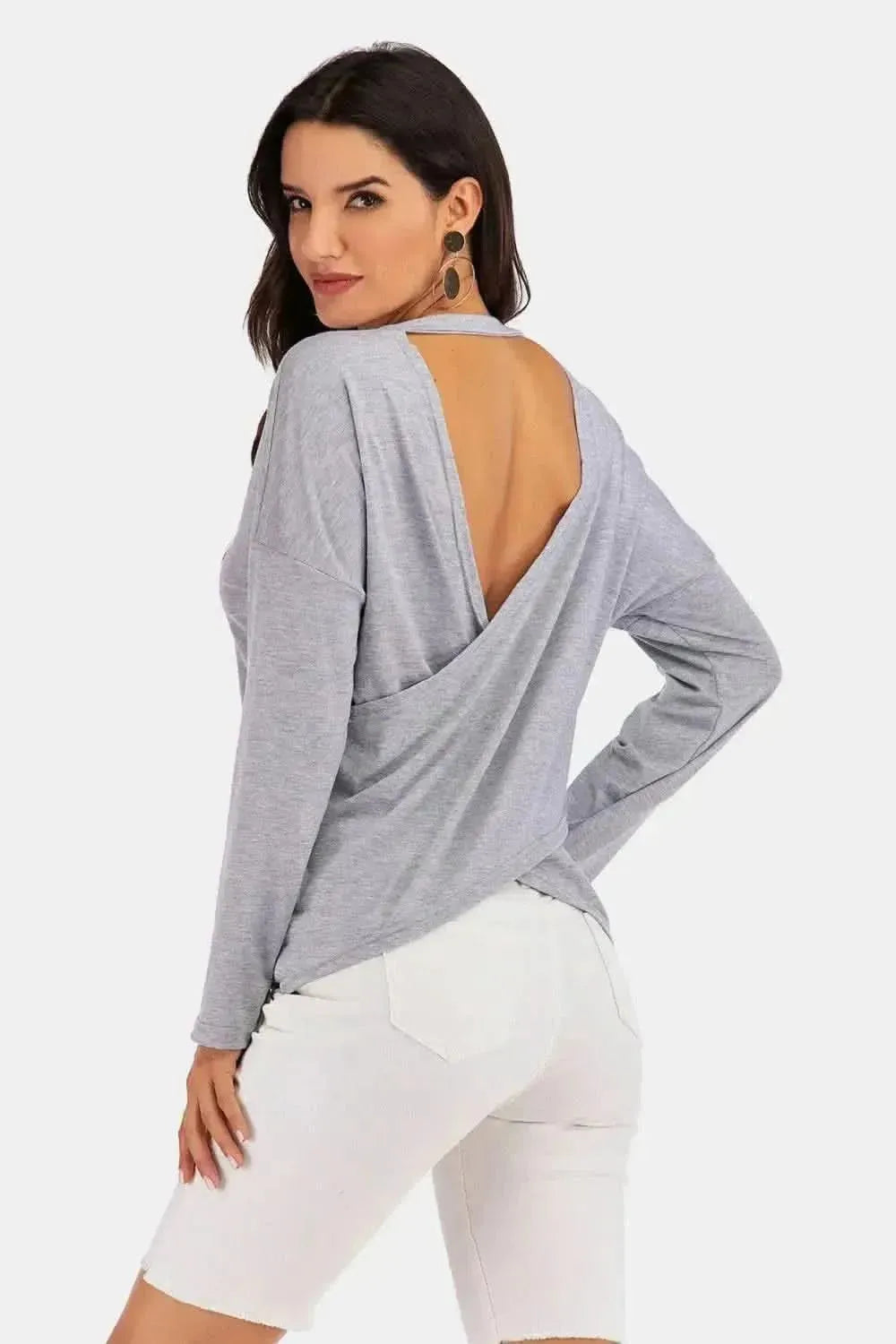 Perfee V-Neck Drop Shoulder Open Back Sweatshirt - Bad Moms Club