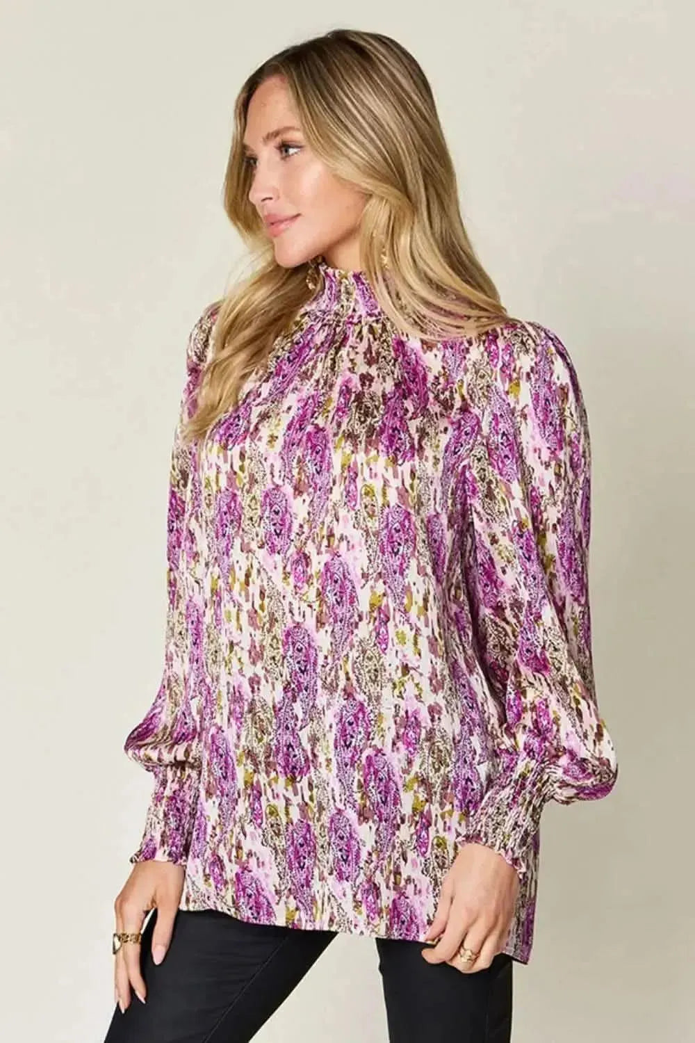 Double Take Full Size Printed Smocked Long Sleeve Blouse - Bad Moms Club
