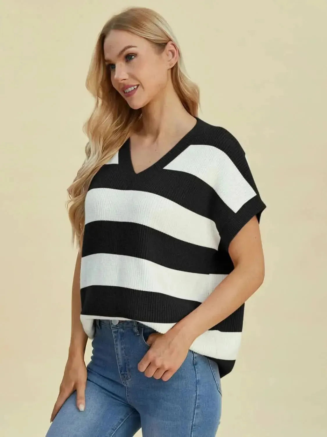 Double Take Full Size Striped V-Neck Short Sleeve Sweater - Bad Moms Club
