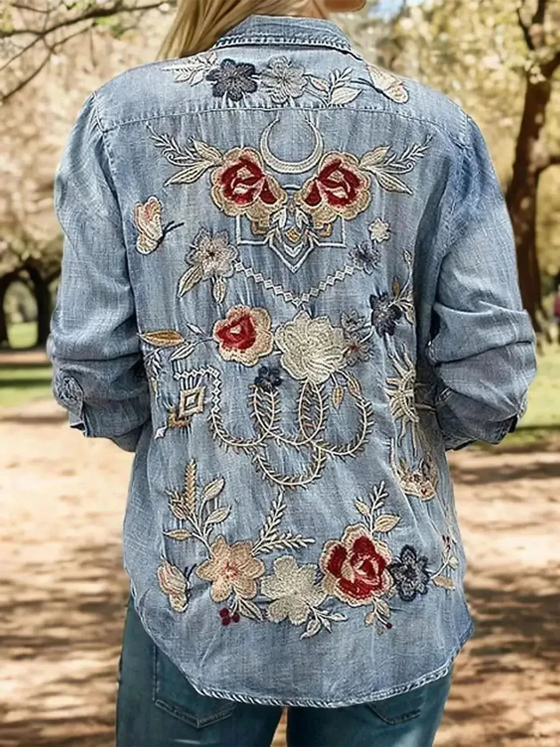 MeiMei Embroidered Pocketed Button Up Denim Shirt - Bad Moms Club