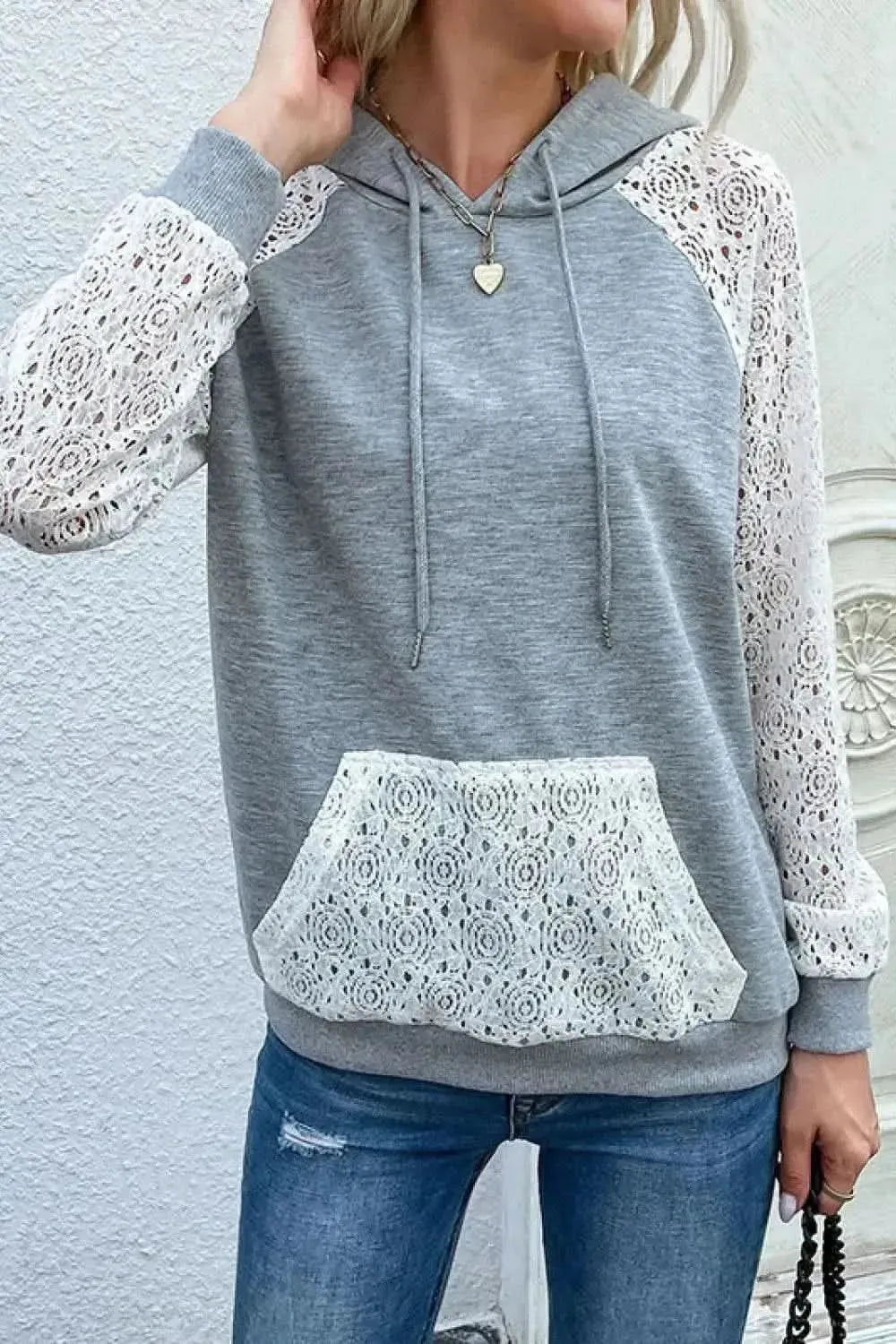Perfee Lace Raglan Sleeve Drawstring Hoodie - Bad Moms Club