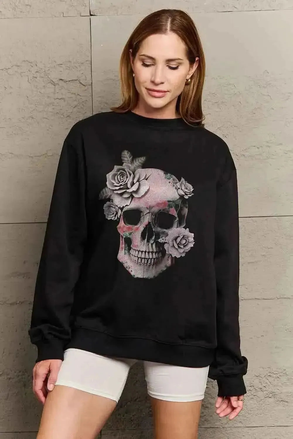 Simply Love Simply Love Full Size Dropped Shoulder SKULL Graphic Sweatshirt - Bad Moms Club