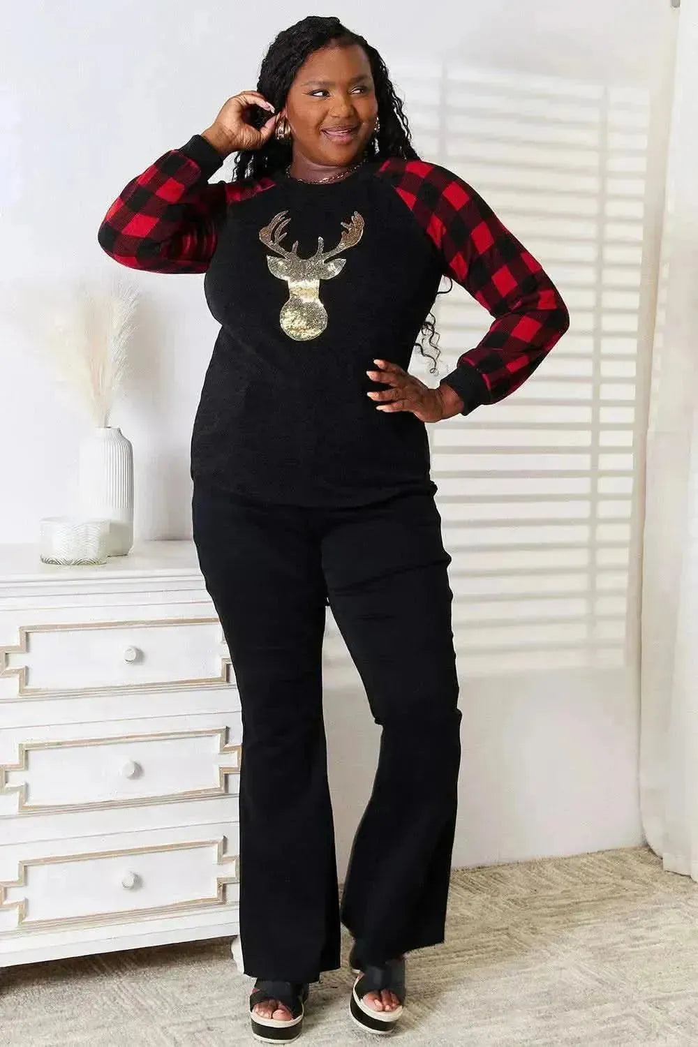 Heimish Full Size Sequin Reindeer Graphic Plaid Top - Bad Moms Club