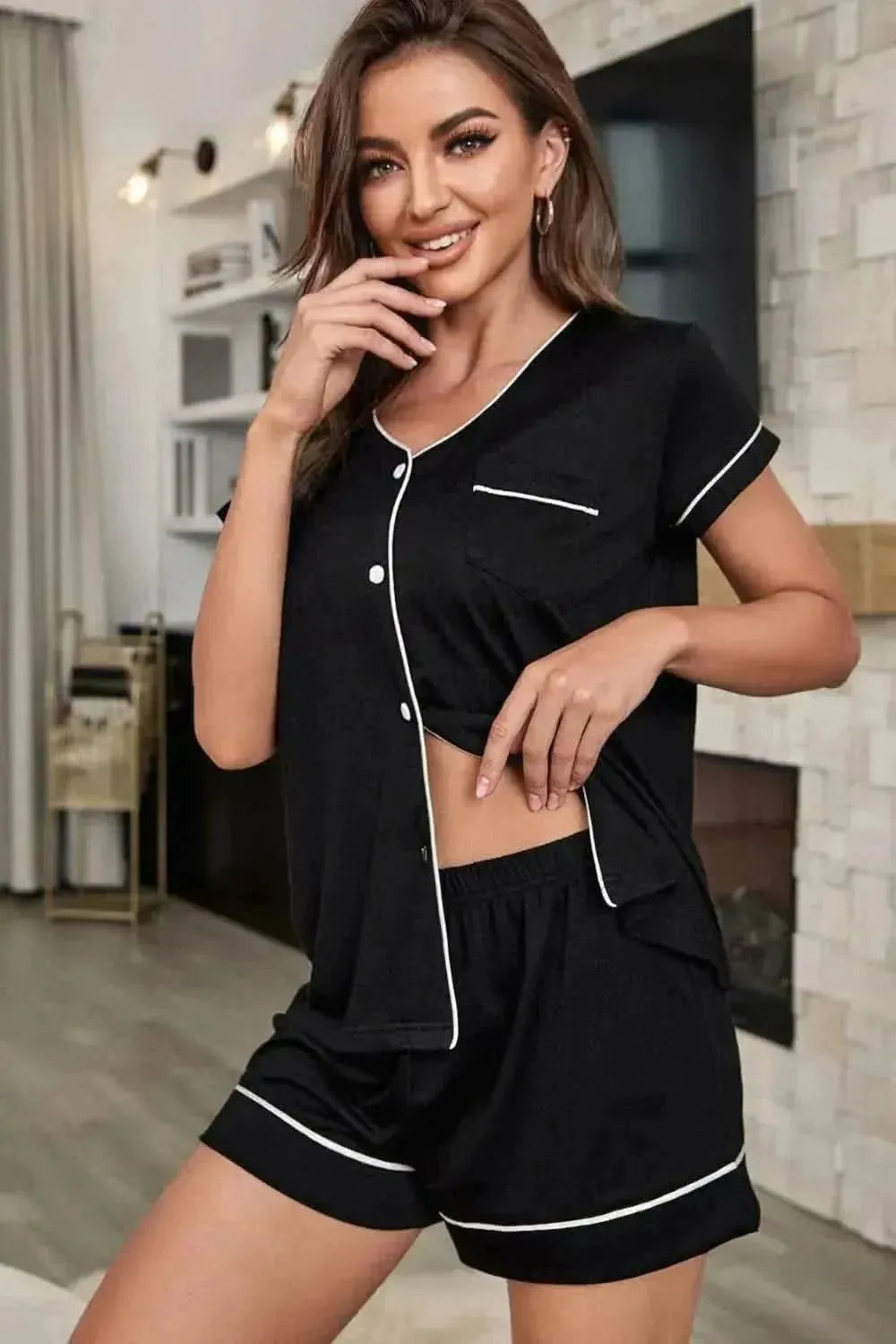 Contrast Piping Button-Up Top and Shorts Pajama Set - Bad Moms Club