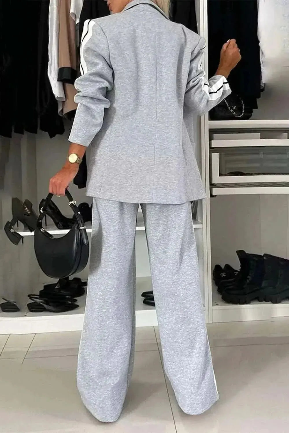 Full Size Contrast Lapel Collar Top and Pants Set - Bad Moms Club