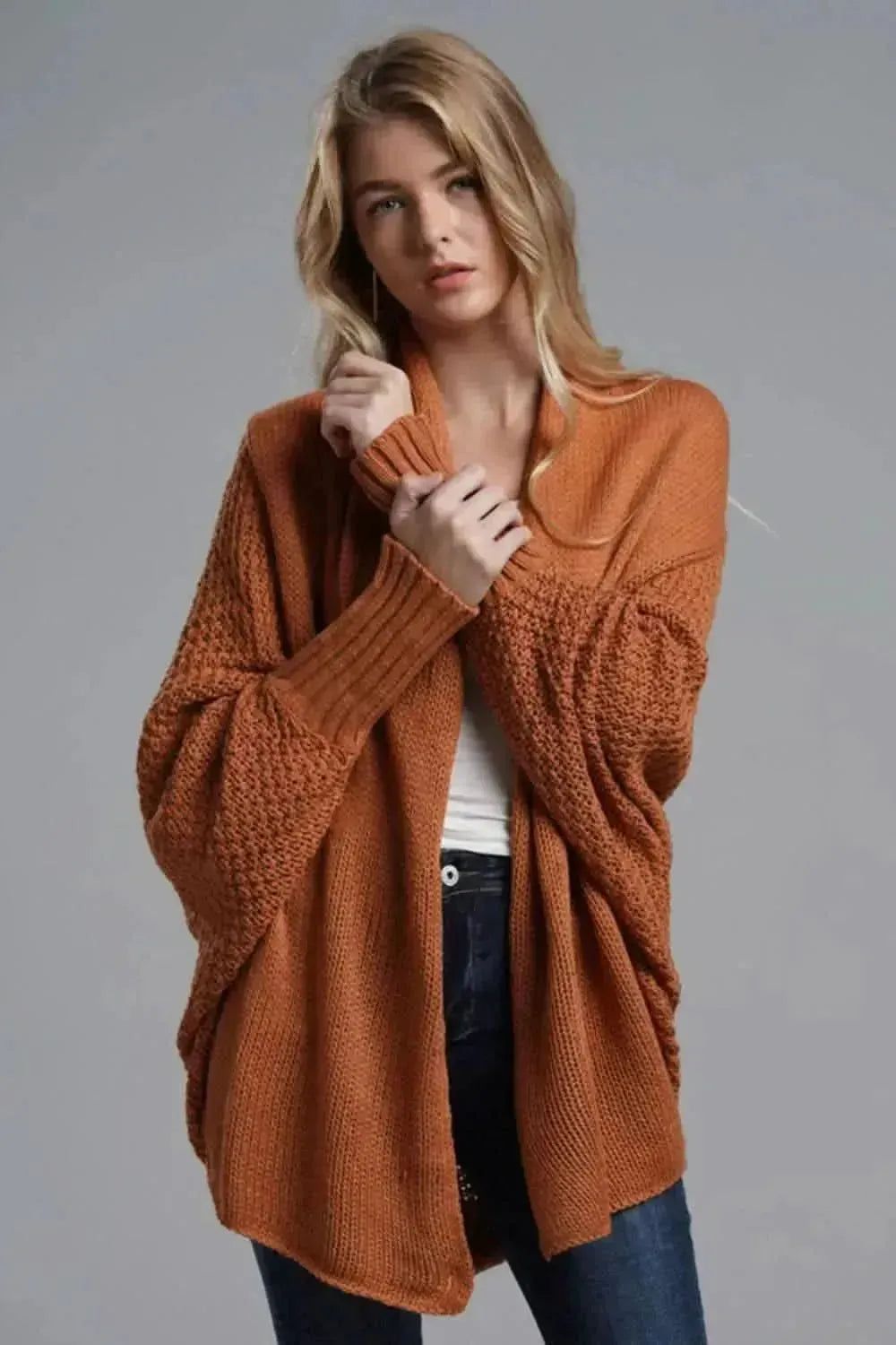 Dolman Sleeve Open Front Ribbed Trim Longline Cardigan - Bad Moms Club