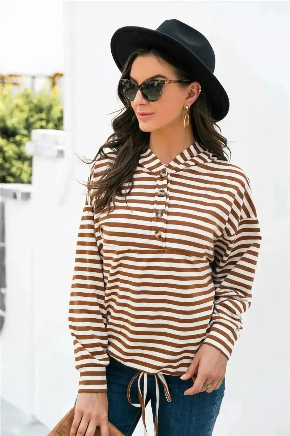 Striped Half-Button Dropped Shoulder Hoodie - Bad Moms Club