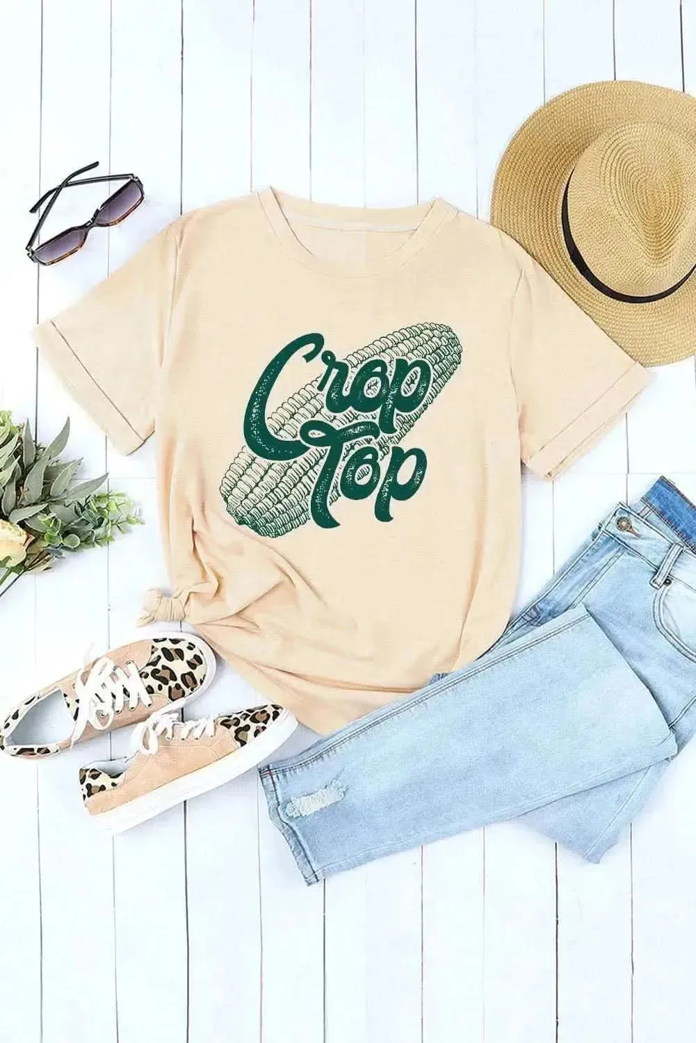 Corn Letter Graphic Cuffed Tee - Bad Moms Club