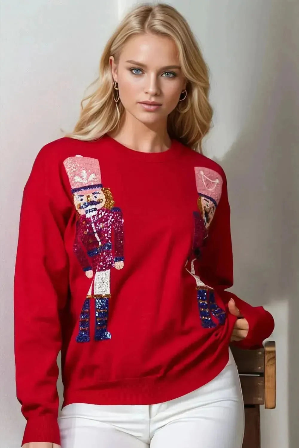 Double Take Full Size Nutcracker Sequin Long Sleeve Sweater - Bad Moms Club