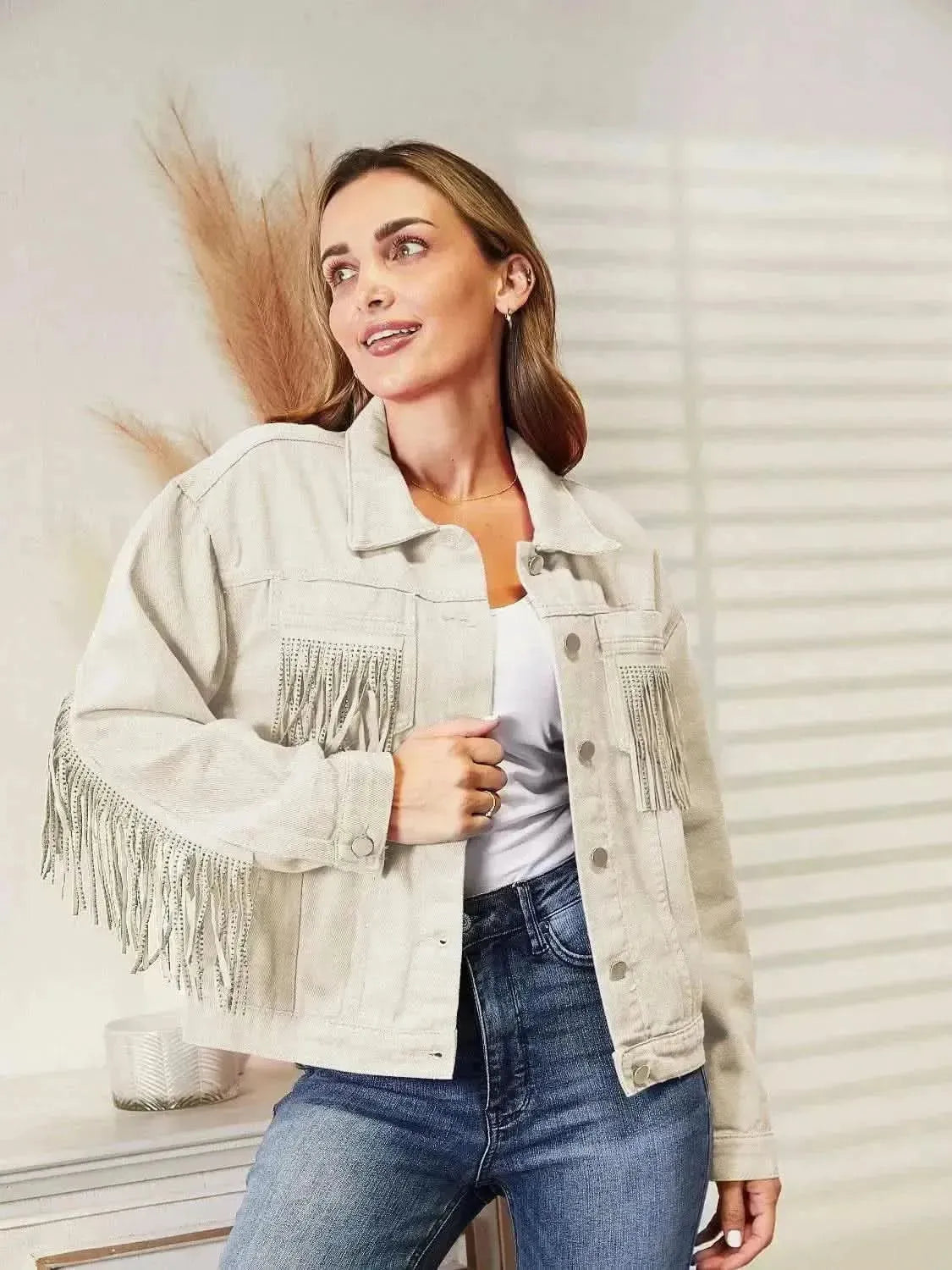 Fringe Detail Dropped Shoulder Denim Jacket - Bad Moms Club