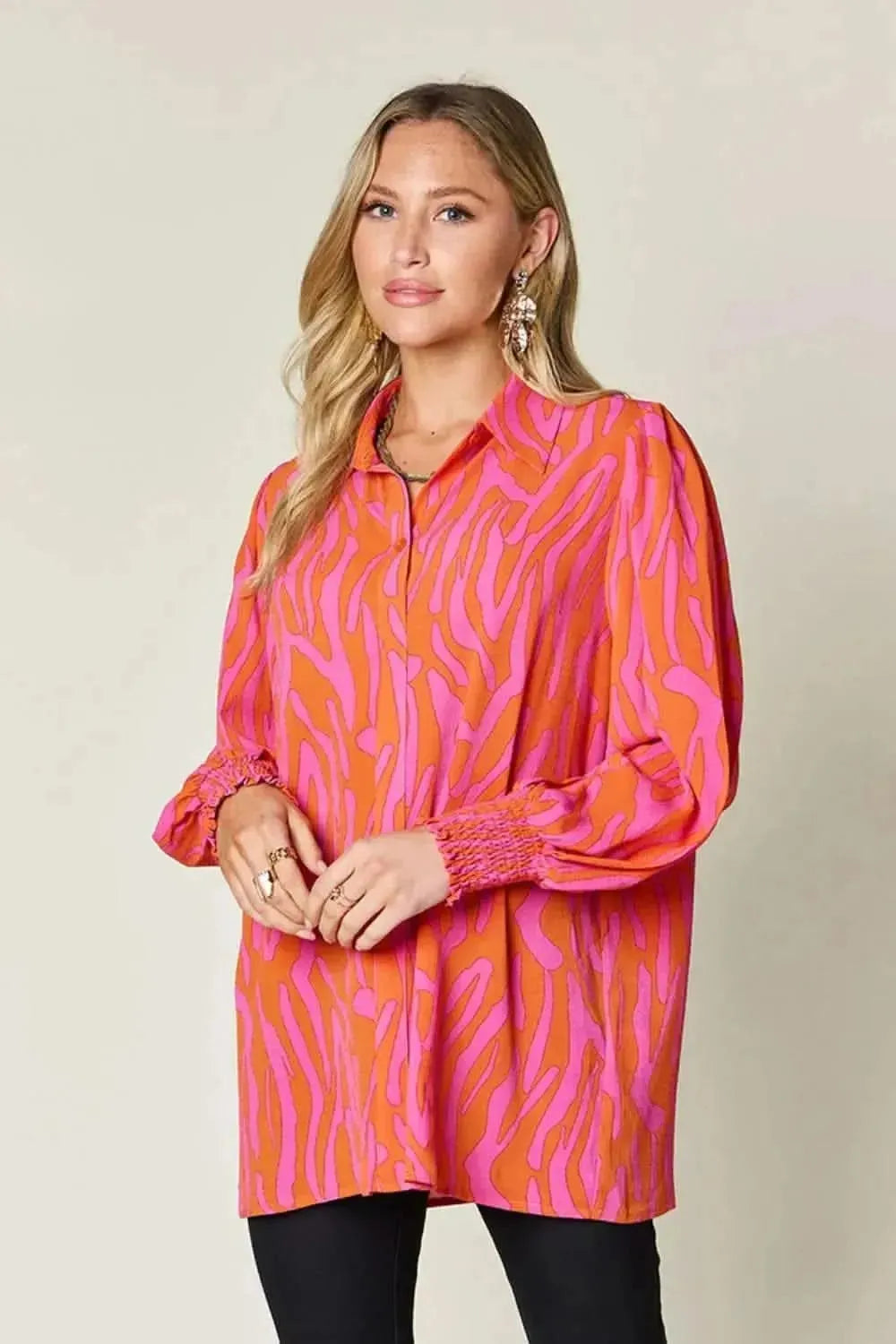 Double Take Full Size Printed Smocked Long Sleeve Blouse - Bad Moms Club