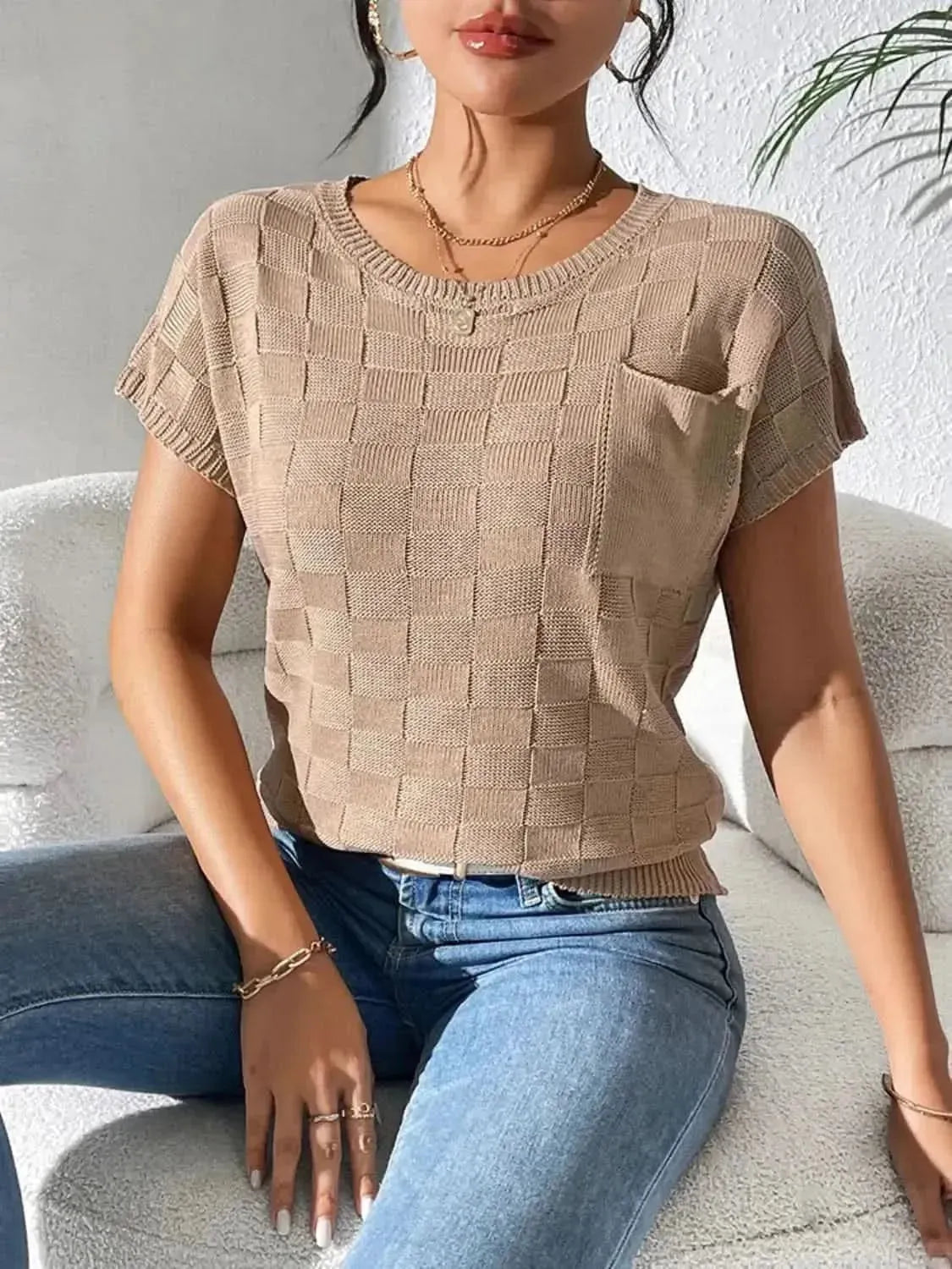 Round Neck Short Sleeve Knit Top - Bad Moms Club