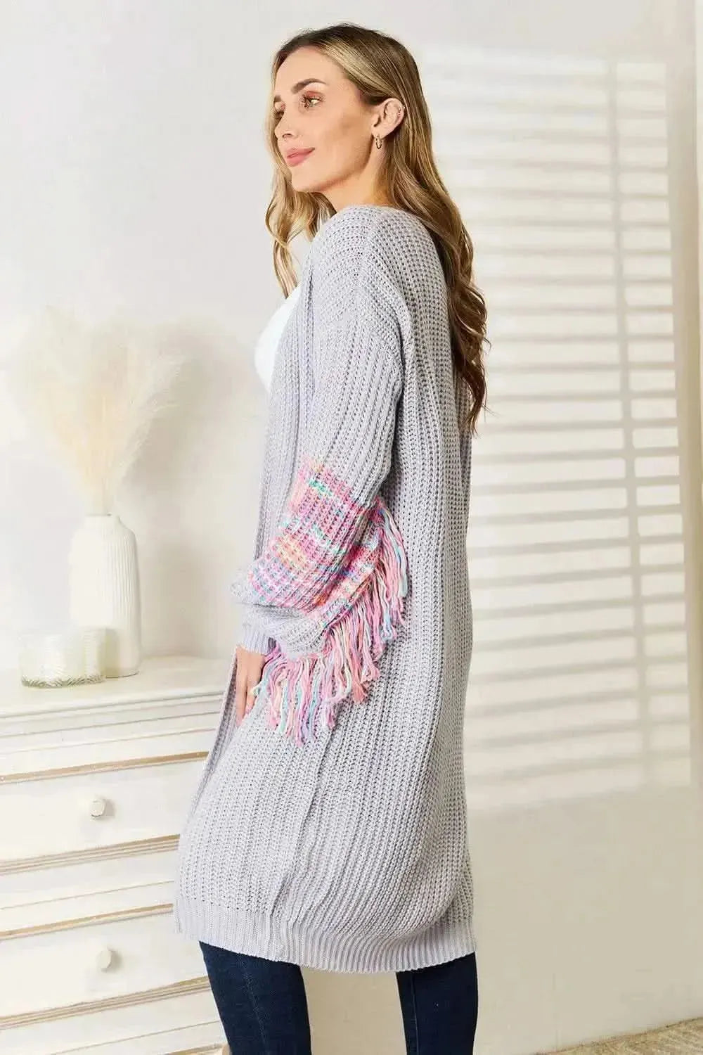 Woven Right Fringe Sleeve Dropped Shoulder Cardigan - Bad Moms Club