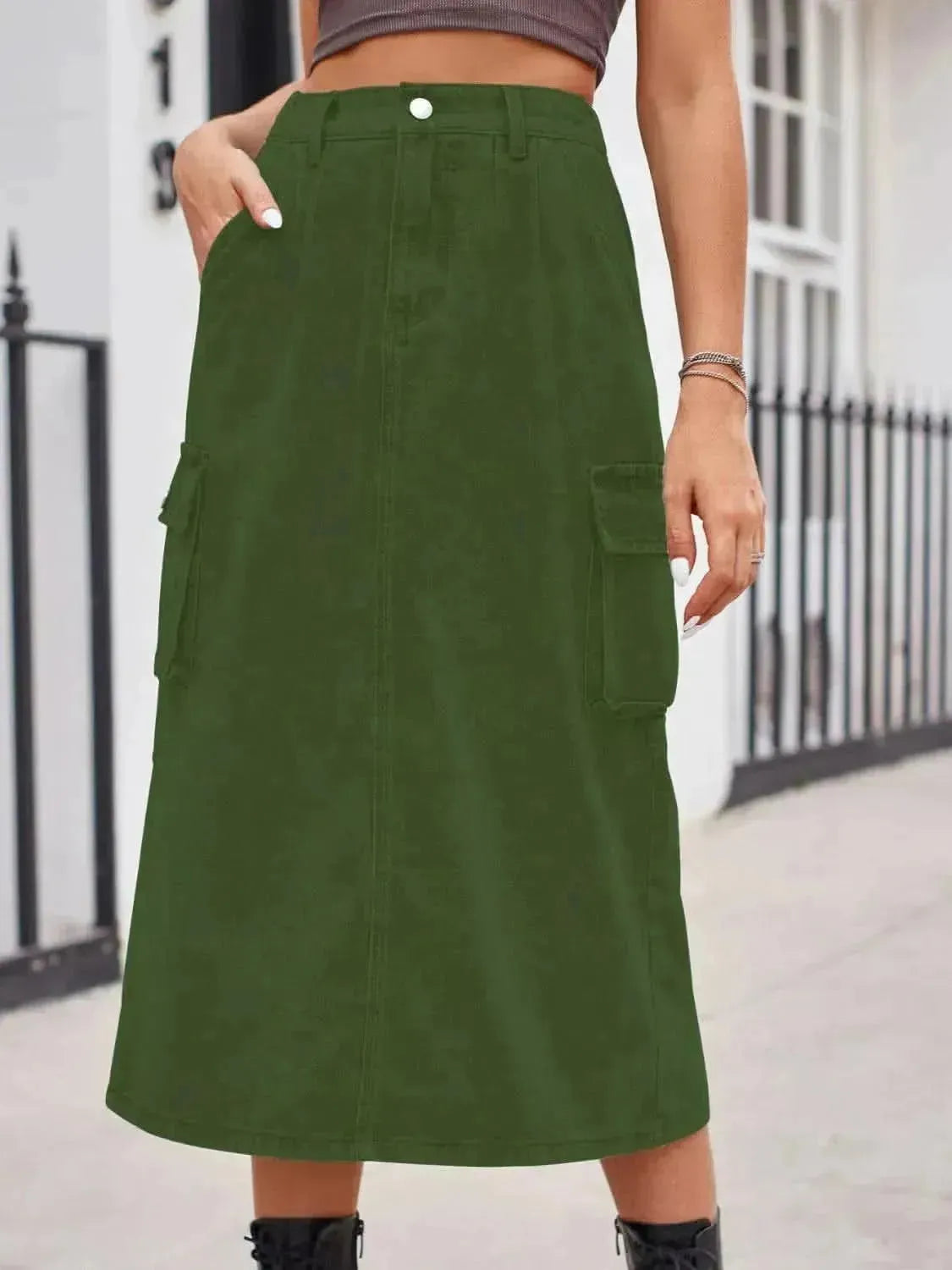 Slit Buttoned Denim Skirt with Pockets - Bad Moms Club