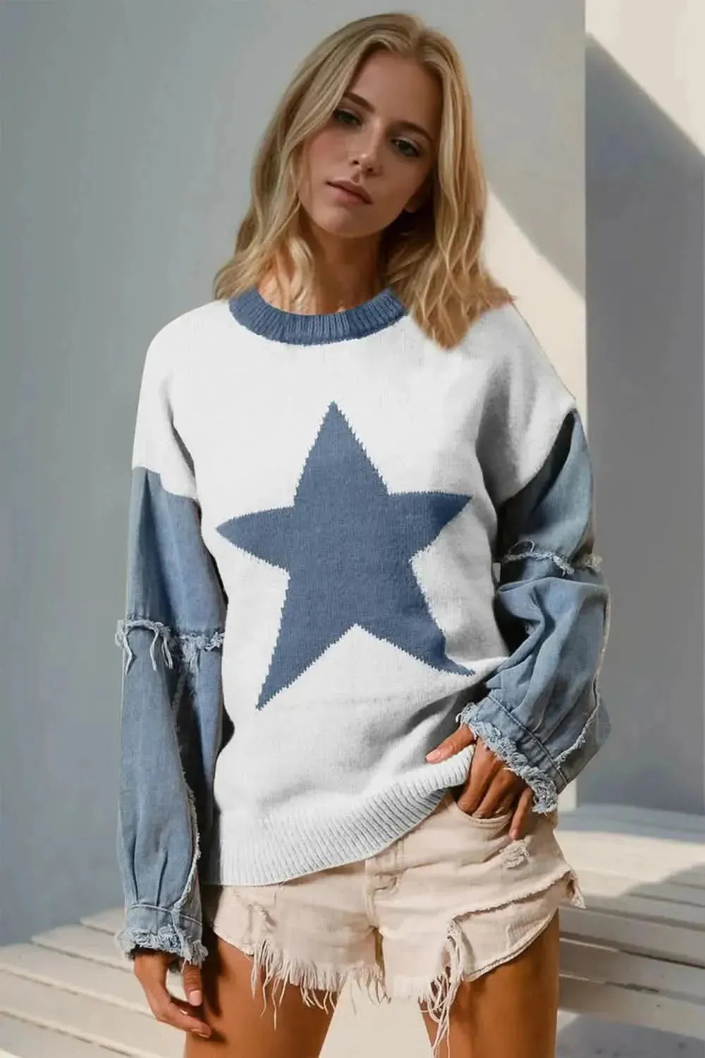 Double Take Full Size Star Pattern Raw Edge Long Sleeve Sweater - Bad Moms Club