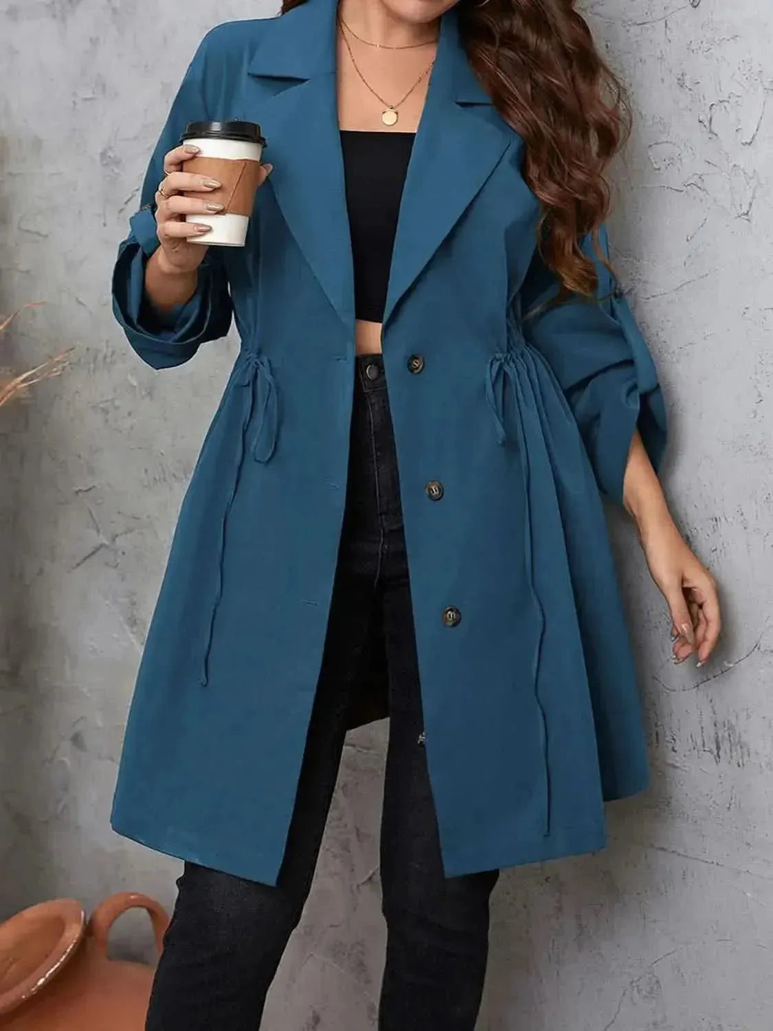 Plus Size Lapel Collar Drawstring Roll-Tab Sleeve Trench Coat - Bad Moms Club