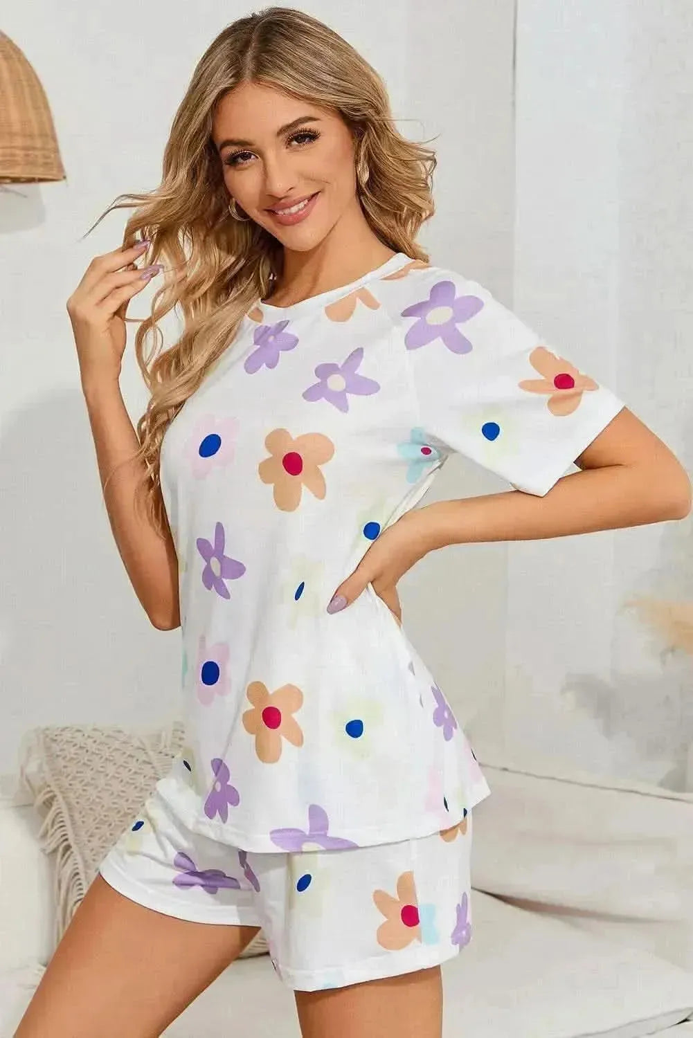 Floral Round Neck Raglan Sleeve Top and Shorts Lounge Set - Bad Moms Club