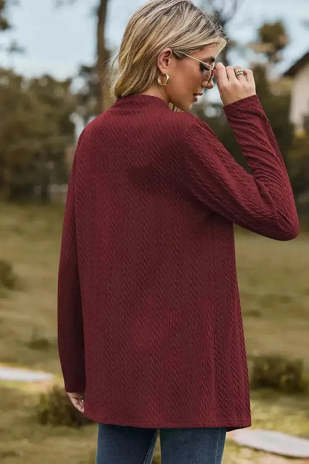 Textured Open Front Long Sleeve Cardigan - Bad Moms Club