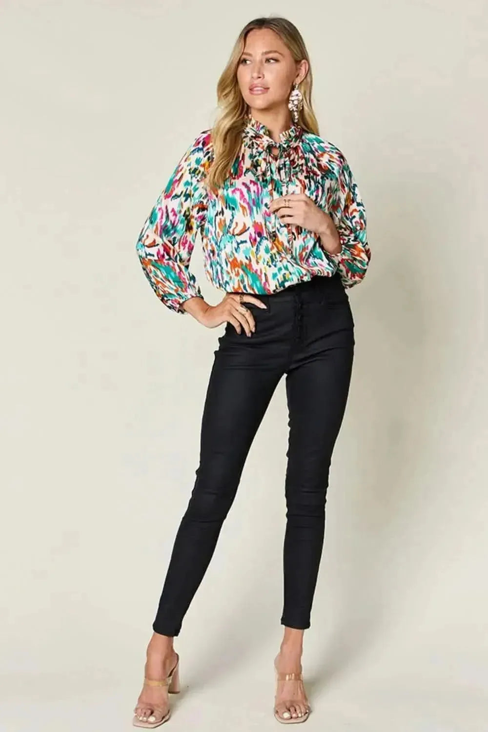 Double Take Full Size Printed Button Up Long Sleeve Shirt - Bad Moms Club