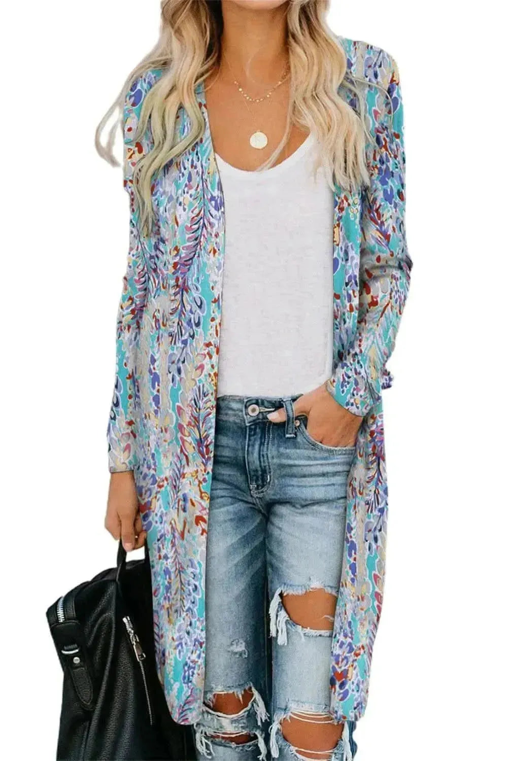 Double Take Printed Open Front Longline Cardigan - Bad Moms Club