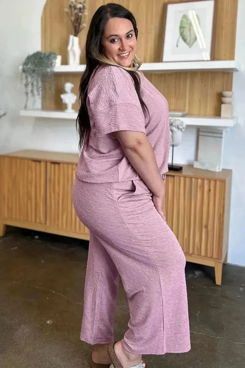 Double Take Full Size Texture Short Sleeve Top and Pants Set - Bad Moms Club