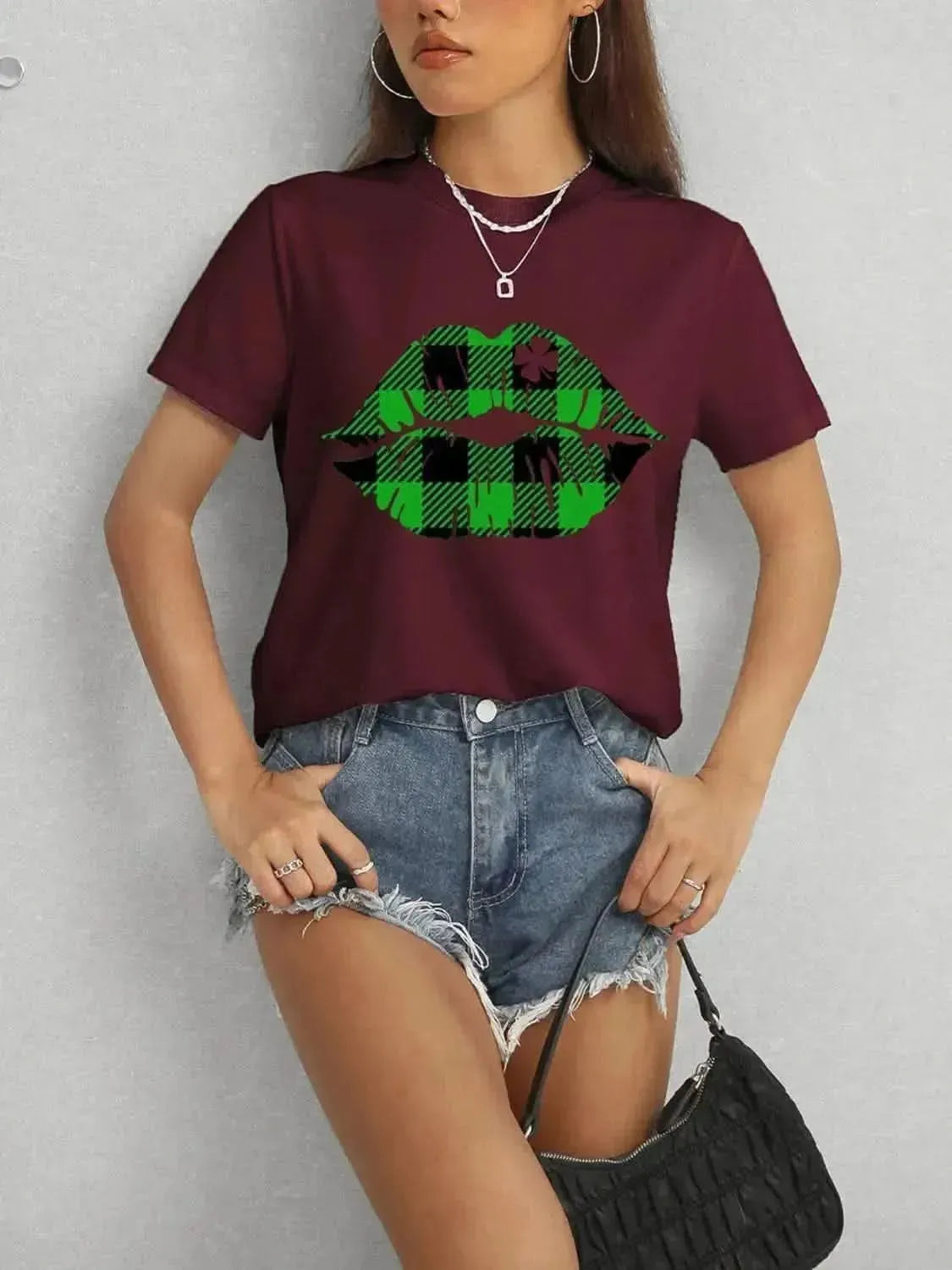 Plaid Lip Graphic Round Neck T-Shirt - Bad Moms Club