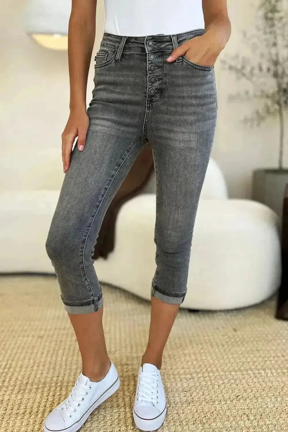 Judy Blue Full Size Button Fly High Waist Cuffed Capris - Bad Moms Club