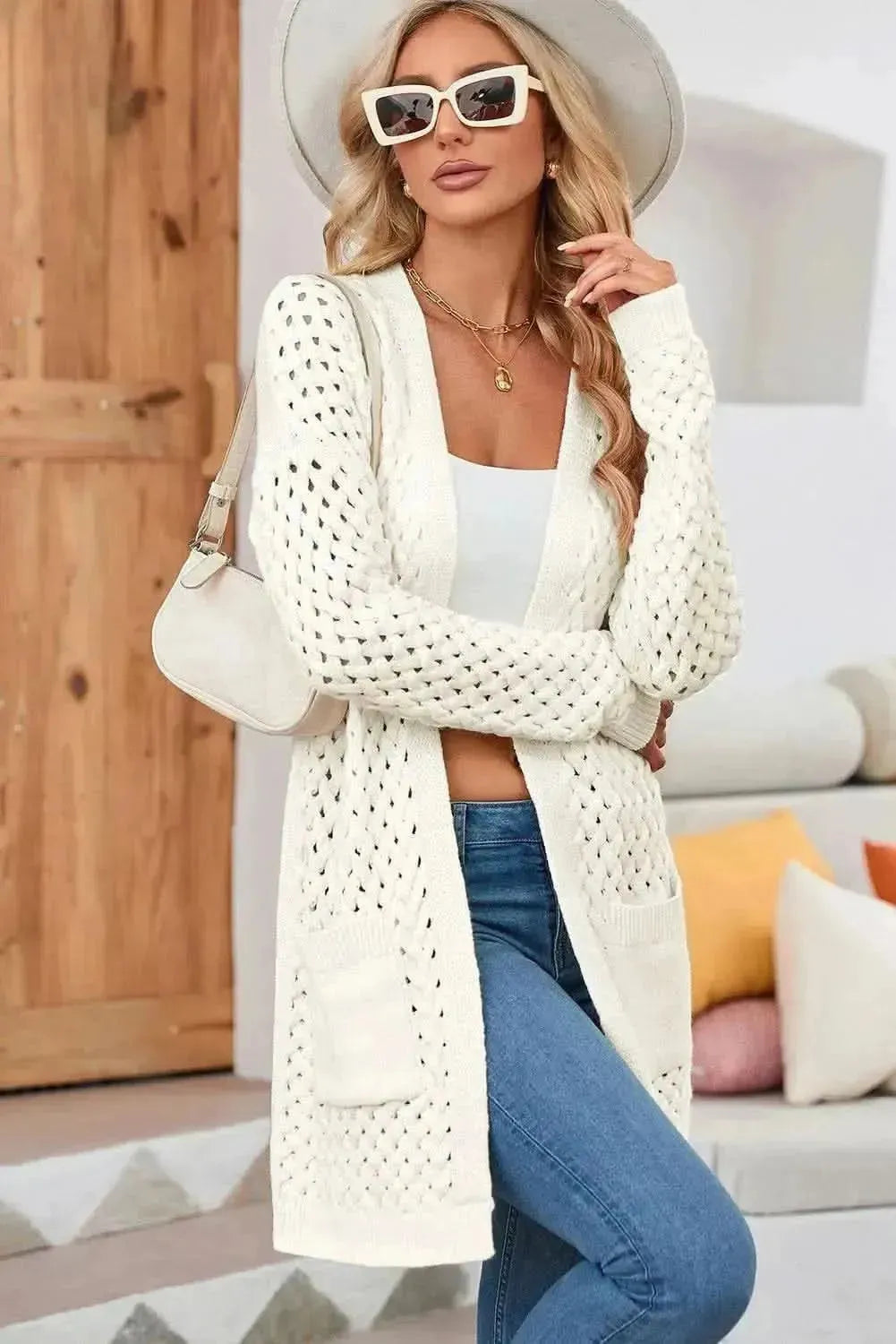 Open Front Dropped Shoulder Cardigan with Pockets - Bad Moms Club