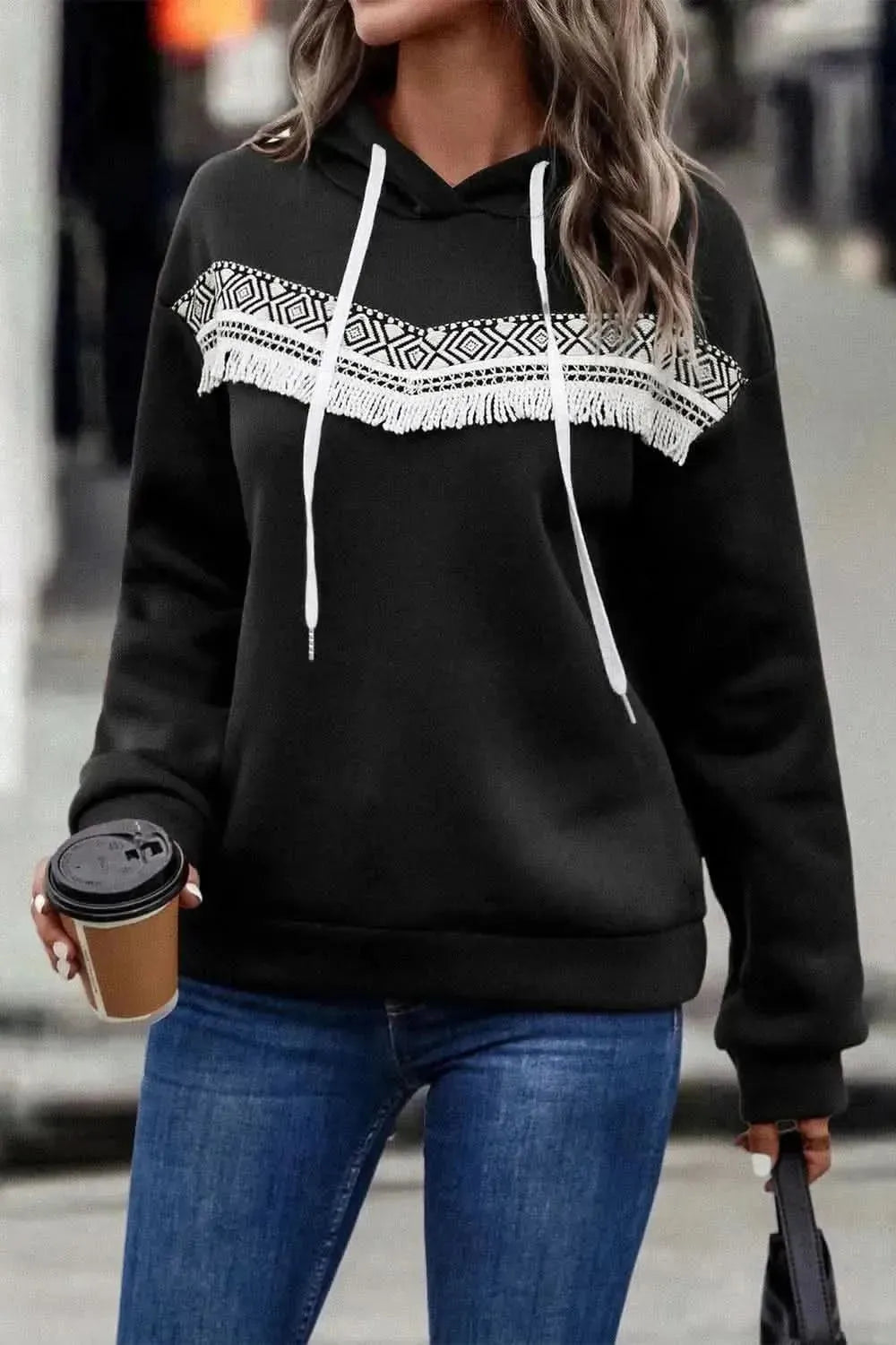Contrast Fringe Detail Dropped Shoulder Hoodie - Bad Moms Club